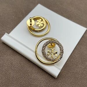 Tory Burch Gold Crystal Double-Ring Logo Drop Earrings